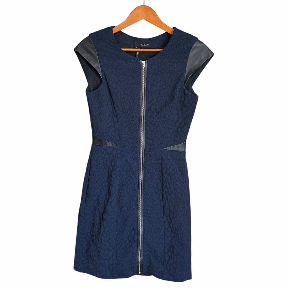 The Kooples Women’s Mini Dress 36 US 4 Navy Black Zip Front Leather Trim Wool